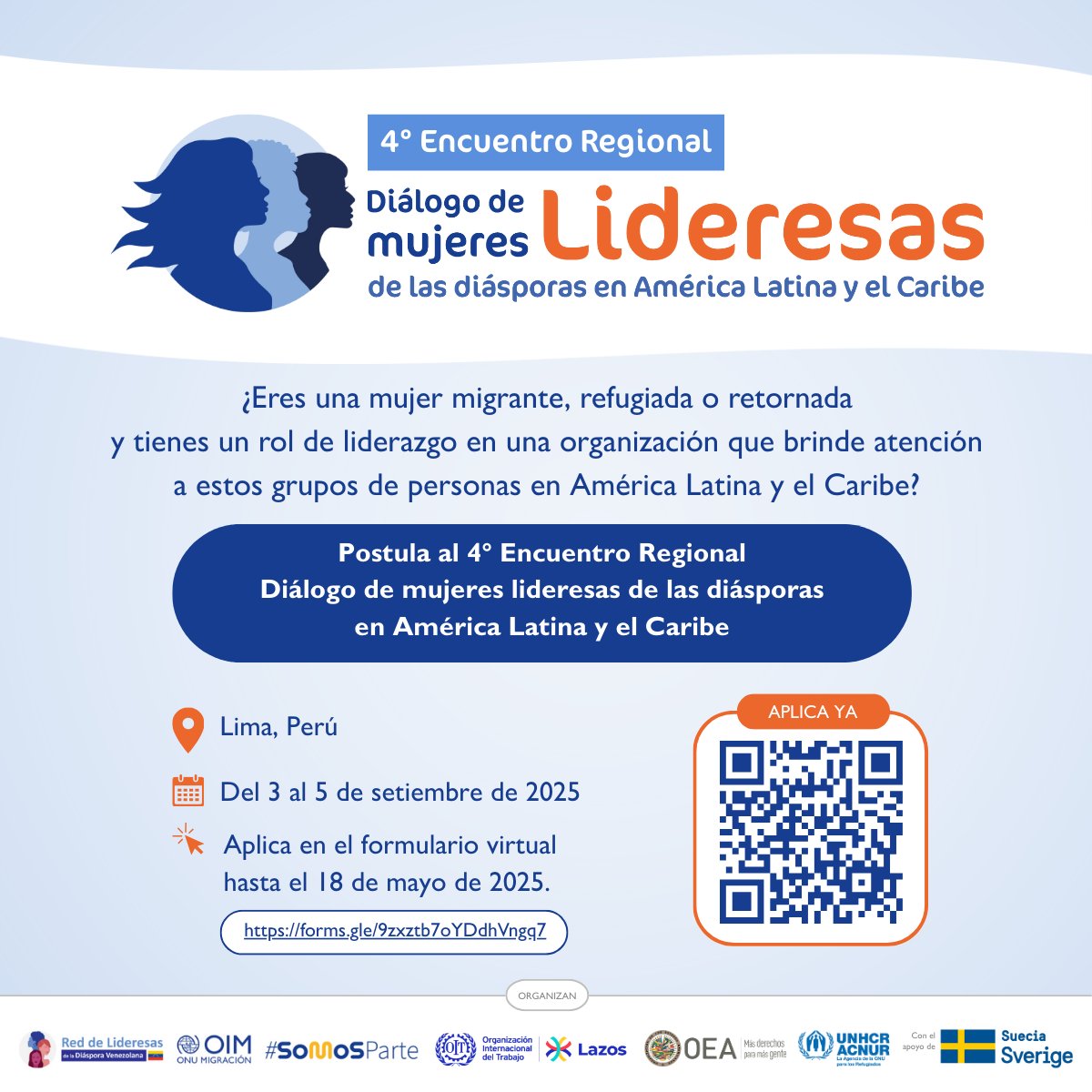 OIM Respuesta Refugiados Migrantes Venezuela 🇺🇳 (@oim_rrmv) on Twitter photo 🤔¿Eres una mujer migrante, refugiada o retornada en América Latina y el Caribe con un rol de liderazgo?
✍️Postula al 4° Encuentro Regional de mujeres lideresas de las diásporas: forms.gle/EyWEhtH2xyrKLR…
🤝 <a href="/OIM_RRMV/">OIM Respuesta Refugiados Migrantes Venezuela 🇺🇳</a> <a href="/OITAmericas/">OIT Américas</a> <a href="/OEA_Inclusion/">OEA – Inclusión</a>
y <a href="/lideresasve/">Red Lideresas Diaspora Venezuela</a>
Gracias a @sida 🤔¿Eres una mujer migrante, refugiada o retornada en América Latina y el Caribe con un rol de liderazgo?
✍️Postula al 4° Encuentro Regional de mujeres lideresas de las diásporas: forms.gle/EyWEhtH2xyrKLR…
🤝 <a href="/OIM_RRMV/">OIM Respuesta Refugiados Migrantes Venezuela 🇺🇳</a> <a href="/OITAmericas/">OIT Américas</a> <a href="/OEA_Inclusion/">OEA – Inclusión</a>
y <a href="/lideresasve/">Red Lideresas Diaspora Venezuela</a>
Gracias a @sida
