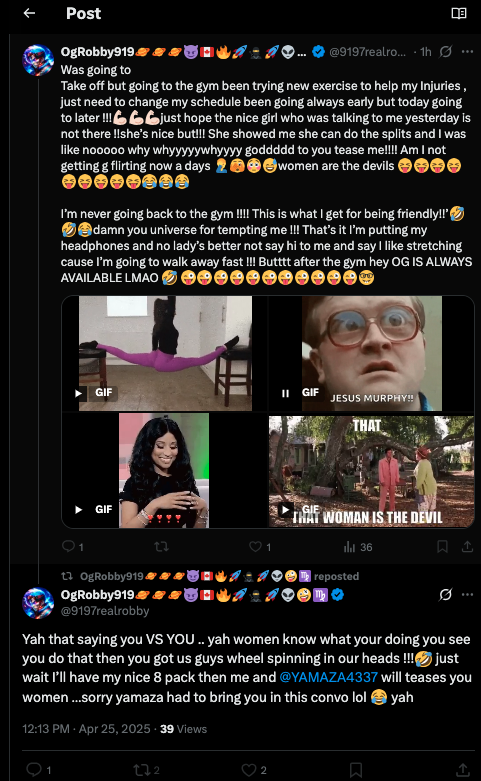 warriorsculpt's tweet photo. You are a real pervert creepy predator robby...your bad intentions with the gym and females is repulsive...you and @YAMAZA4337 have some serious mental trauma/midlife crisis you are going through it seems...no real athlete needs to be talking or showing themselves as much as you man whores