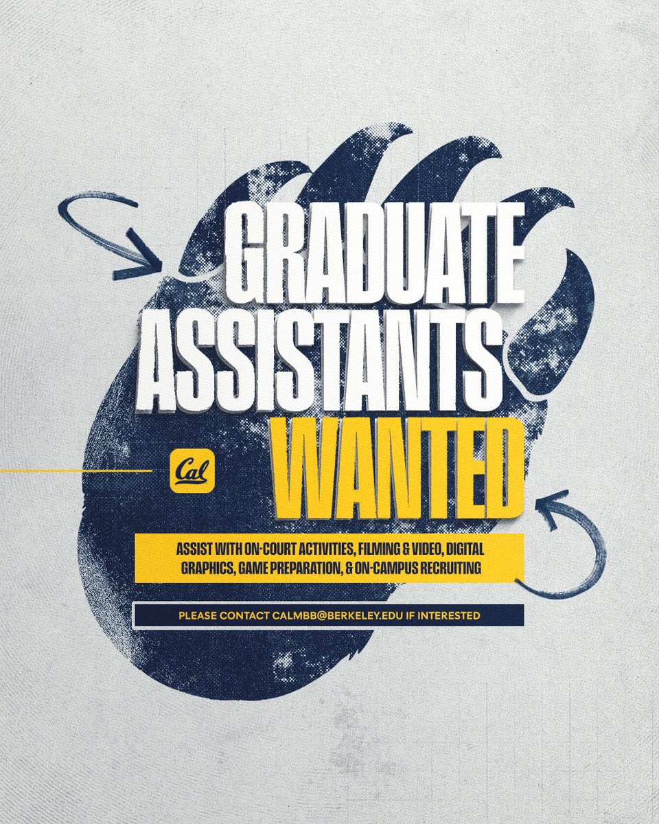 Cal Basketball (@calmbball) on Twitter photo Join the Golden Bears ๐๐
Weโre looking for graduate assistants to contribute to all aspects of our menโs basketball program.
Contact us at calmbb@berkeley.edu if interested.
#GoBears Join the Golden Bears ๐๐
Weโre looking for graduate assistants to contribute to all aspects of our menโs basketball program.
Contact us at calmbb@berkeley.edu if interested.
#GoBears