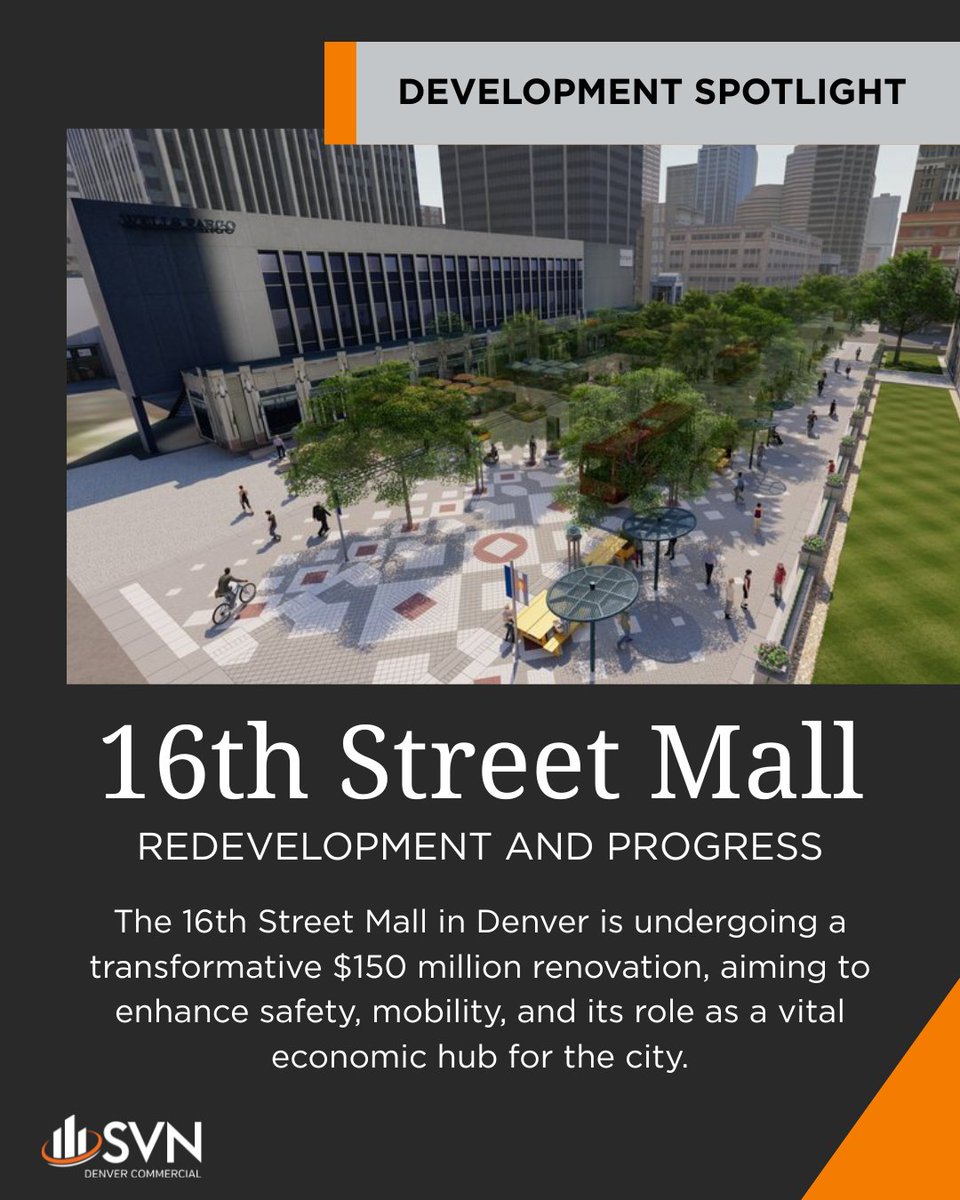 SVN_Denver's tweet image. Exciting changes ahead for Denver’s 16th Street Mall!
A $150M revamp to boost safety, mobility, and the local economy is underway.
Stay tuned for a more vibrant, connected space!
#DevelopmentSpotlight #16thStreetMall #Redevelopment #DenverRevitalization #CRE #SVN #retwit