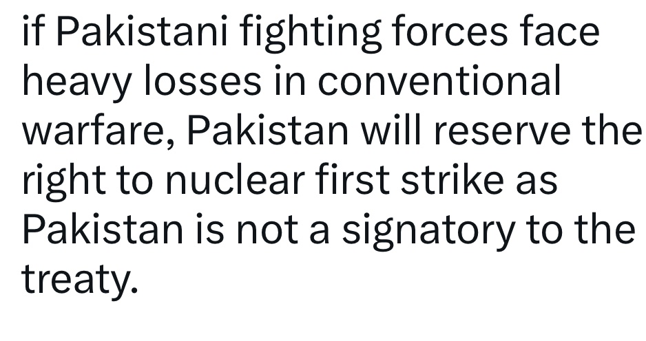 Iiveanotherday1's tweet image. Again, why would India or any other nuclear armed country invest its resources fighting a conventional war when this is the official Pakistani position? 

It needs to be denuclearised by the US. 

#pakistan
#phalgamterrorattack