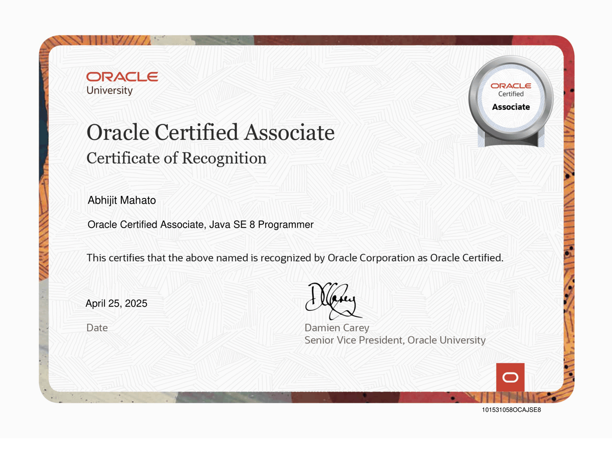 Just earned my Oracle Certified Java Associate (OCJA) certification! 💻✅
Big thanks to <a href="/TCS/">Tata Consultancy Services</a> for sponsoring and providing the exam voucher 🙌
Feeling proud to take this step forward in my backend dev journey! 🚀

#Java #OCJA #TCS #OracleCertified #DeveloperJourney #TechMilestone