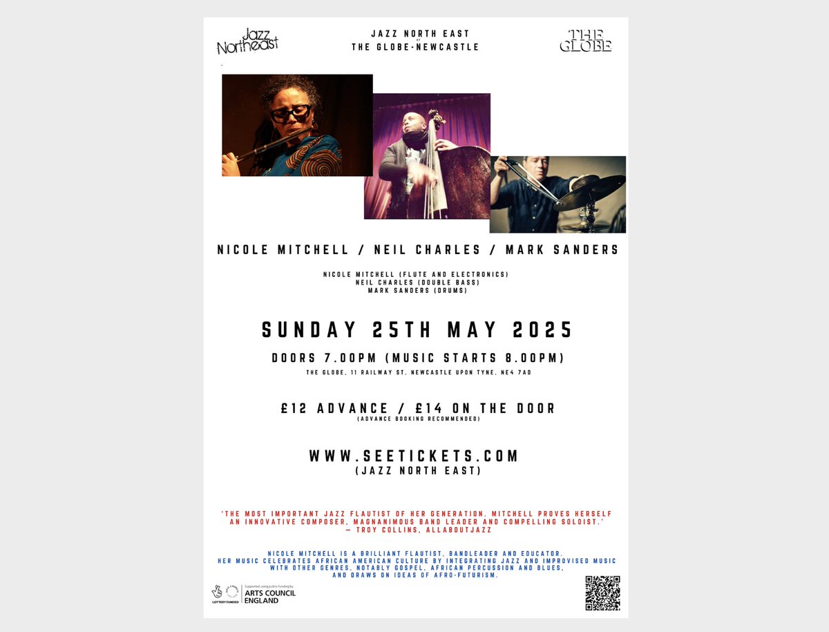 A welcome return from Nicole Mitchell this time performing a superb trio formation with Double Bassist Neil Charles and the always exceptional Percussionist Mark Sanders - Click for Tickets: seetickets.com/event/nicole-m…