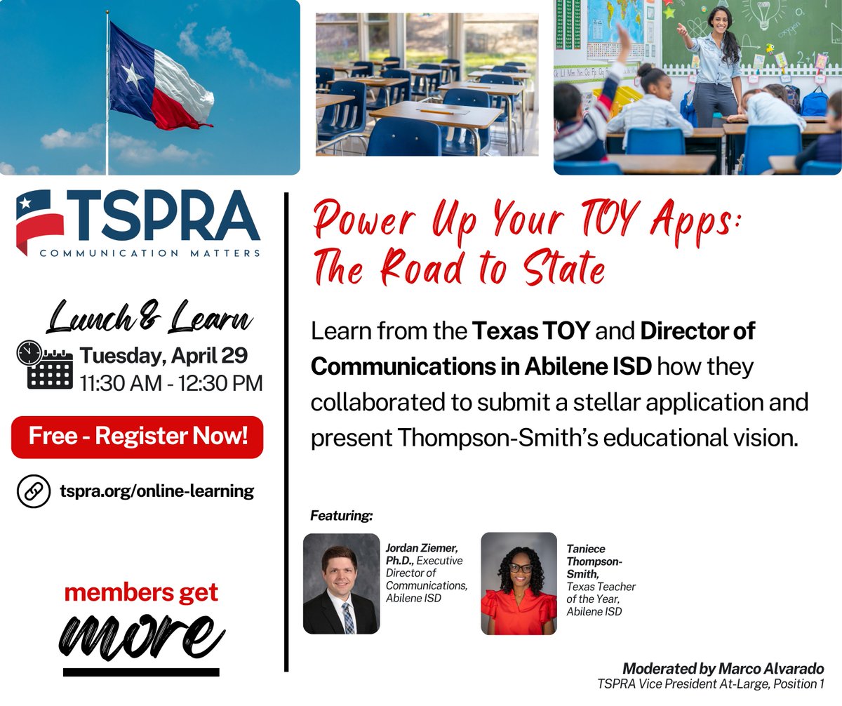 ✨ Ready to take your Teacher of the Year application to the next level? Join us next Tuesday for a Lunch &amp; Learn featuring the Texas TOY and Executive Director of Communications at Abilene ISD! 🍎

Register Here >> tspra.org/online-learnin…