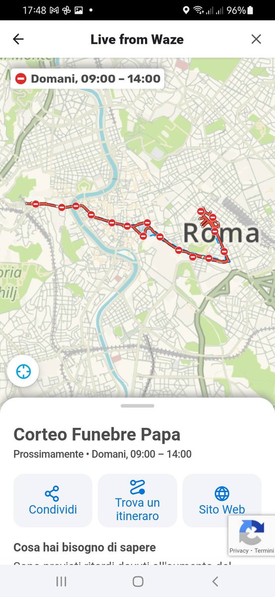 Domani mattina dalle 7:00 sull'app. nella zona interna al GRA apparirà un avviso pop-up e cliccandoci si aprirà la pagina con le chiusure.
Grazie agli editor volontari di <a href="/WazeLazio/">Waze Lazio</a>  che in questi giorni hanno seguito l'evento.
<a href="/romamobilita/">Roma Mobilità</a>, <a href="/LuceverdeRoma/">Luceverde Roma</a>, <a href="/astralmobilita/">Astral Infomobilità</a>