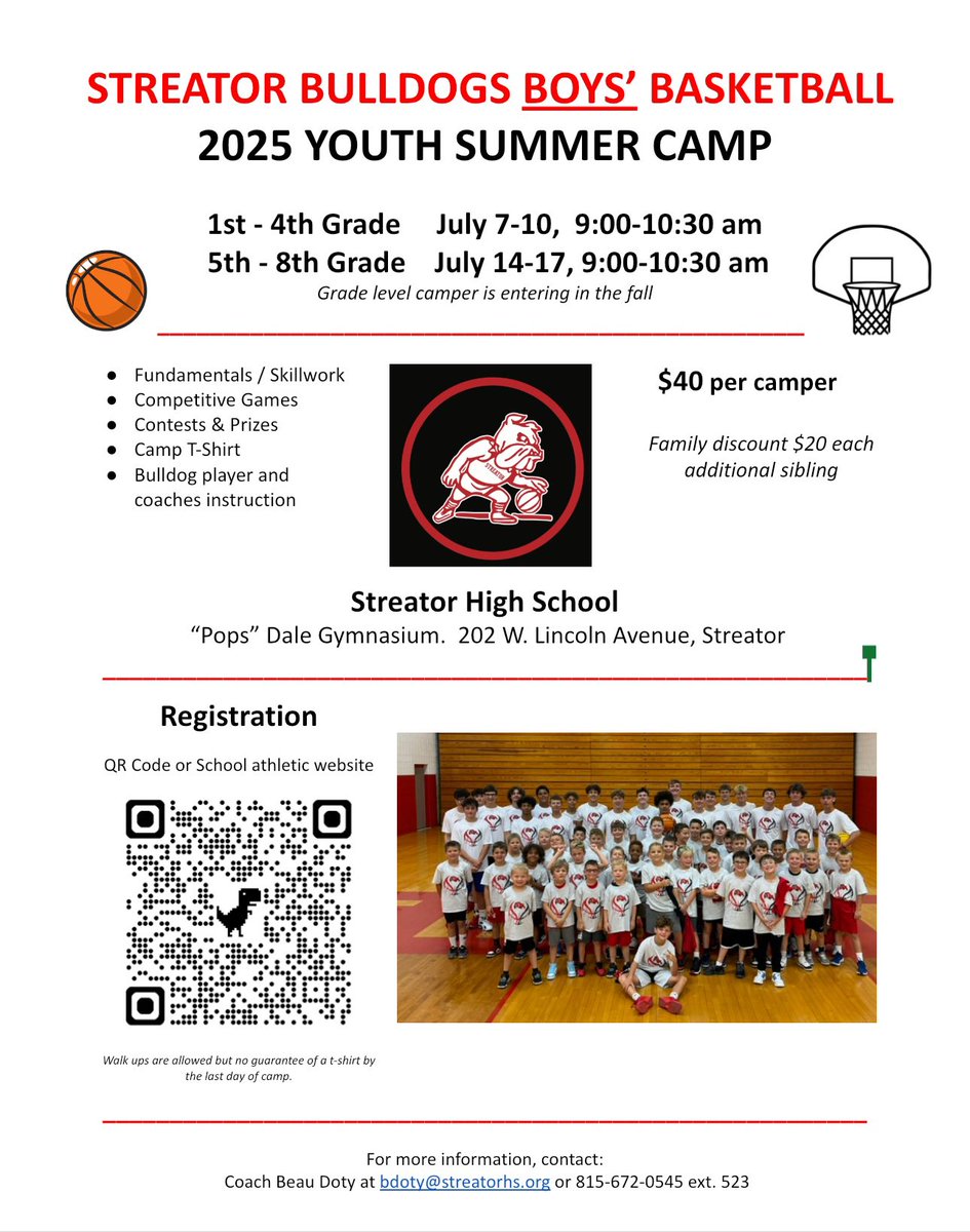 🏀 YOUTH CAMP JULY 2025
1st - 4th Grade Boys --&gt;  July 7, 8, 9, 10  from 9:00-10:30 am
5th - 8th Grade Boys --&gt;  July 14, 15, 16, 17  from 9:00-10:30 am

The grade level is the grade the camper is entering in the fall. A flyer and registration link is attached below.  

Click on