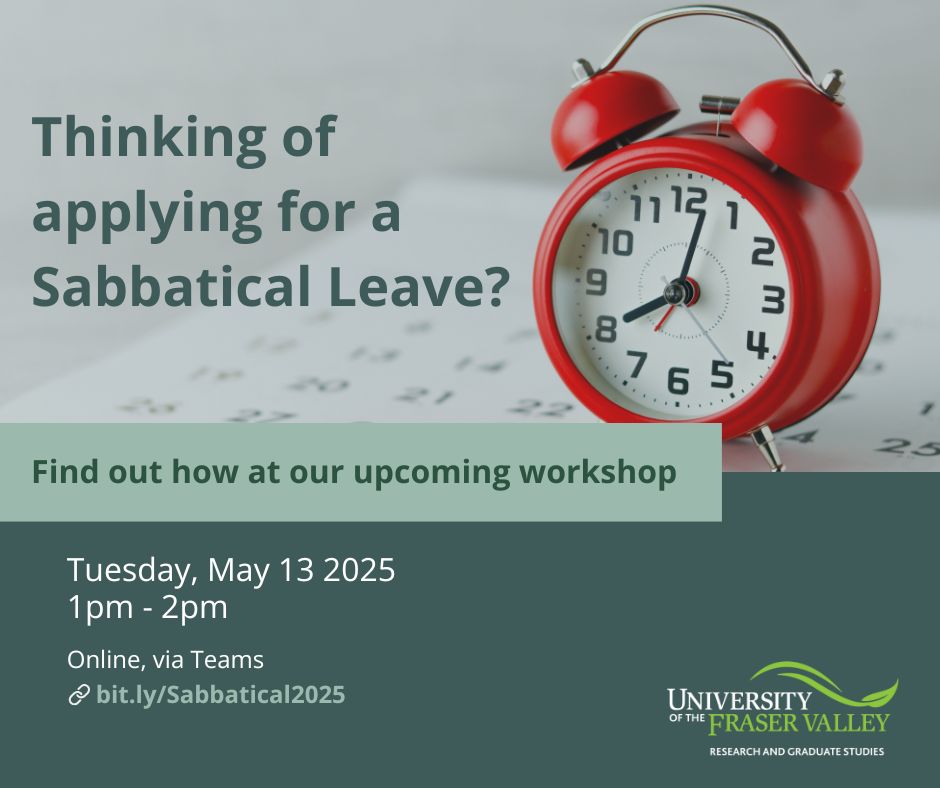 Faculty, thinking of applying for a Sabbatical Leave? Join our upcoming online workshop to find out everything you need to know. No registration required.

📆Tuesday, May 13, 1-2pm via Teams.
 👉bit.ly/Sabbatical2025

<a href="/UFV_President/">Dr. Joanne MacLean</a> <a href="/ufvARTS/">UFV ARTS</a> <a href="/UFVscience/">UFVscience</a> <a href="/UFVhealth/">UFV Health Sciences</a> <a href="/UFVbusinfo/">UFV Business School</a>