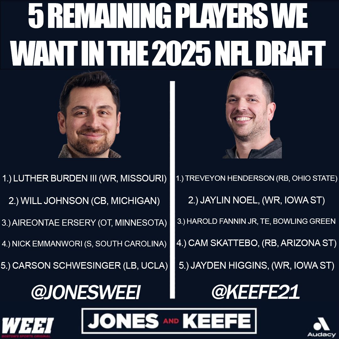 JonesandKeefe's tweet photo. 5 remaining players we want in the 2025 NFL Draft: https://t.co/EFUeCyEZfQ