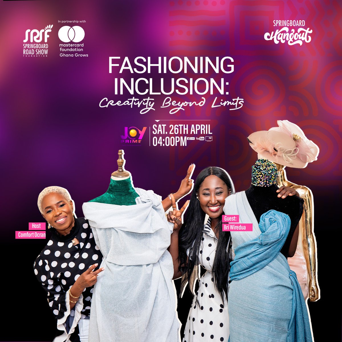 GhanaGrows's tweet image. In the next episode of #SpringboardHangout with Comfort Ocran, Bri Wiredua designs, patterns, cuts and stitches us through her journey of fashion and more.
From building a standout brand to embracing her unique identity. Tune in this Saturday @ 4pm on @JoyPrimeTV