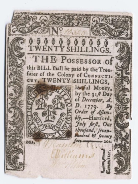 From the Origins of Value Virtual Museum: Twenty Shillings Bill no. 10343 from Hartford, CT. Printed by Timothy Green in July 1775 in New London, CT. From the DLJ Collection of American Finance. bit.ly/3YcUnTe 
#ICF_FinancialHistoryFriday