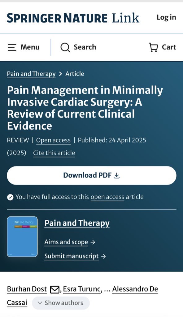 “Pain Management in Minimally Invasive Cardiac Surgery: A Review of Current Clinical Evidence” is now online.

Grateful to my amazing co-authors for their collaboration!

Read the full article [OA]: rdcu.be/ejeG1 

#CardiacSurgery #RegionalAnesthesia 

<a href="/SpringerNature/">Springer Nature</a>
