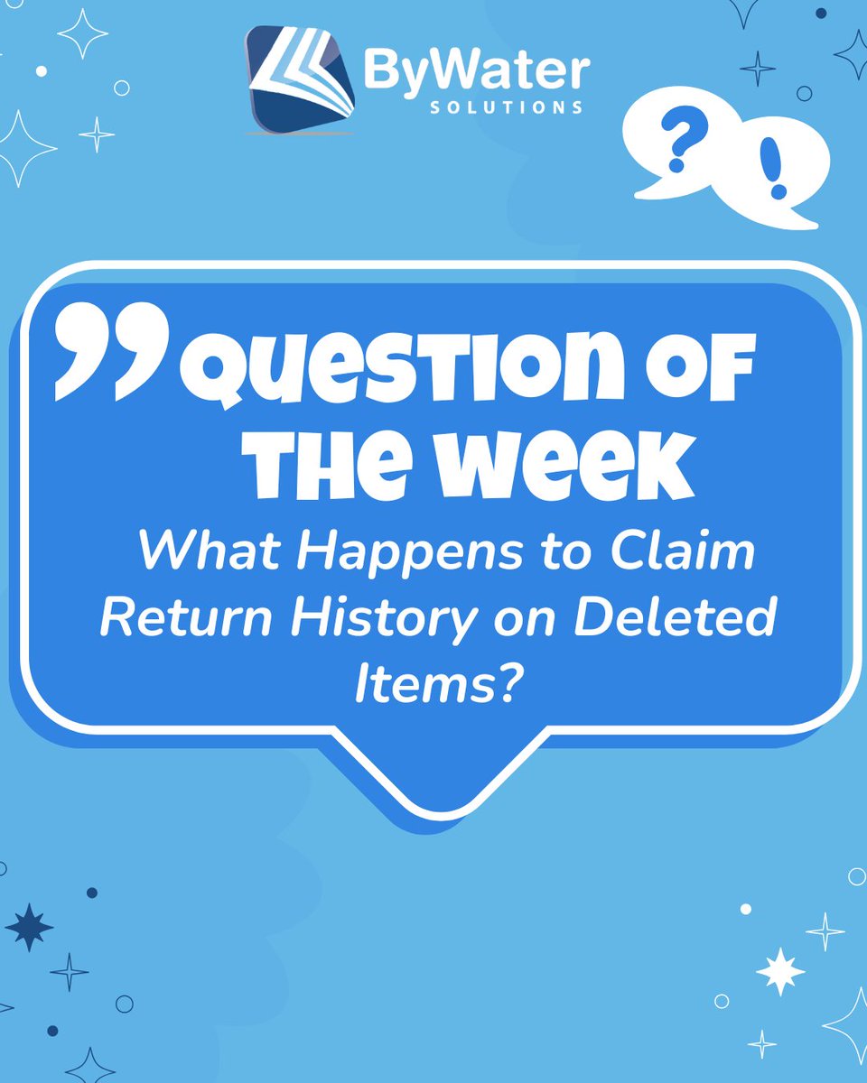 ByWaterSolution's tweet image. We made it to Friday!! 🎉 Time for a new ByWater Question of the Week!

Today&apos;s question is:  &quot;What Happens to Claim Return History on Deleted Items?&quot;
 
Read the answer here: zurl.co/CFjh6 

#opensource #koha #librarytechnology #librarylife