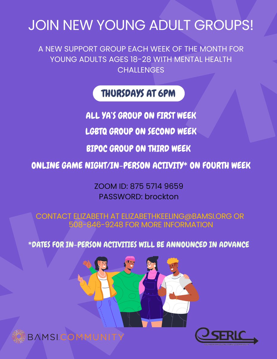 A few changes have been made to the young adult support group offerings at the Brockton RCC. DM this page or contact Elizabeth (email and phone number on attached flyer) for more information!