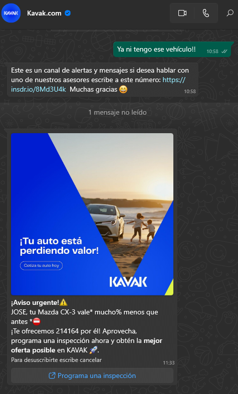 jfigueroaf's tweet photo. Oigan @AtencionKavakMX hace mas de un año cotice la venta de un vehículo con ustedes.

Me siguen llegando mensajes mas de 1 año después!! y no hay manera de indicar que ese vehículo ya no lo tengo, que ya lo vendí y que no me interesa su servicio. 

🤦‍♂️ https://t.co/EEVYKTl8Xg