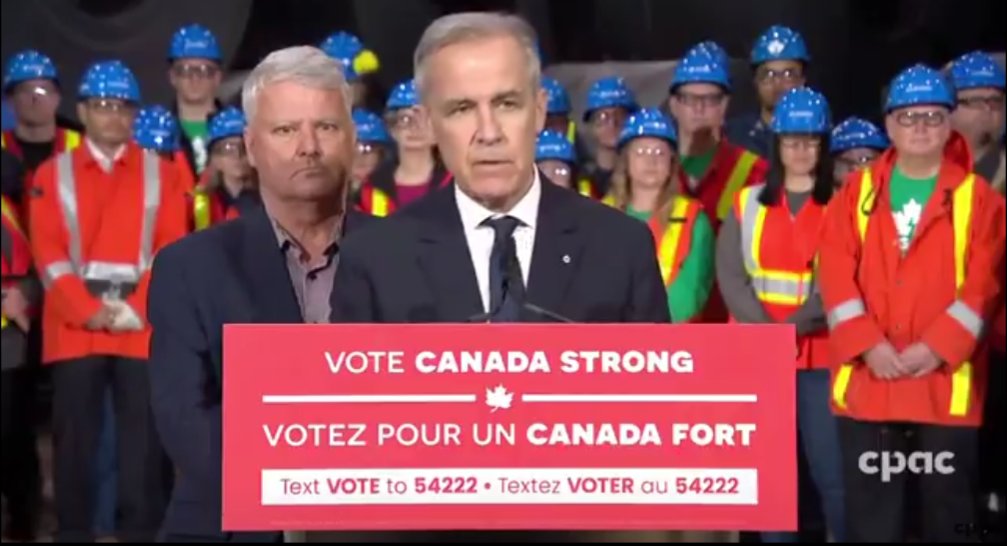 The "blue collar" workers behind Carney all have brand new PPE

Notice how their helmets are shining and there isn't a stain on their orange gear

Are these actors?