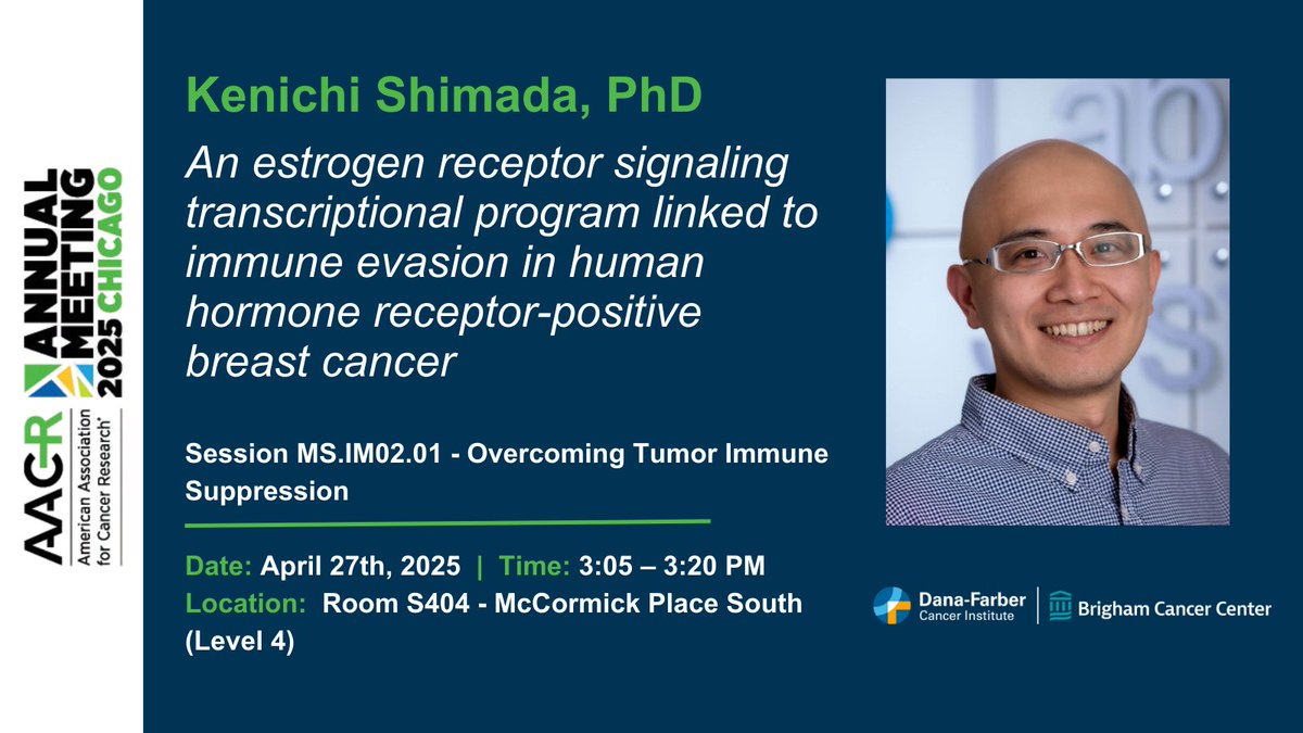 Dana-Farberās Breast Oncology Center (@dfci_breastonc) on Twitter photo Dr. Kenichi Shimada (<a href="/shimada_kenichi/">Kenichi Shimada</a>), a researcher in the Guerriero Lab, will share his work on an estrogen receptor signaling transcriptional program linked to immune evasion in human hormone receptor-positive #BreastCancer at #AACR25.
<a href="/JennGuerriero/">Jennifer Guerriero, PhD</a> <a href="/AACR/">AACR</a> Dr. Kenichi Shimada (<a href="/shimada_kenichi/">Kenichi Shimada</a>), a researcher in the Guerriero Lab, will share his work on an estrogen receptor signaling transcriptional program linked to immune evasion in human hormone receptor-positive #BreastCancer at #AACR25.
<a href="/JennGuerriero/">Jennifer Guerriero, PhD</a> <a href="/AACR/">AACR</a>