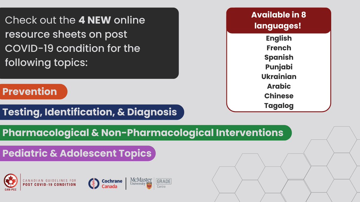 If you are interested in learning more about #longcovid (post COVID-19 condition), you can download the 4 new online resource sheets in 8 languages! 

Download these resources in English, French, Spanish, Punjabi, Ukrainian, Arabic, Chinese, and Tagalog at bit.ly/canpcc-public-…