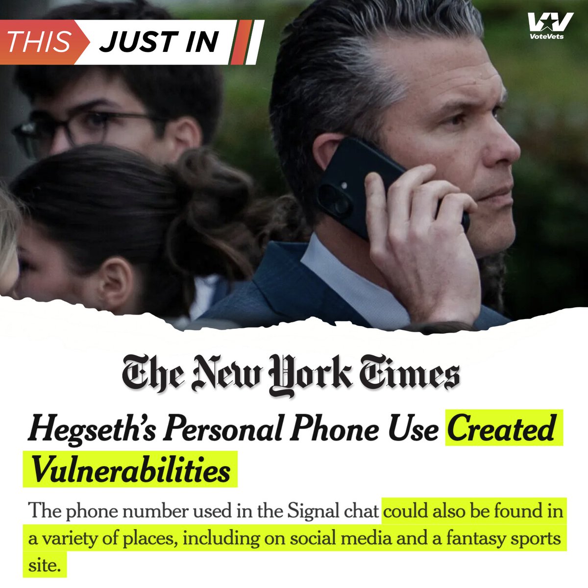Pete Hegseth used his personal phone—linked to fantasy football sites, Facebook, and Airbnb—to share classified strike plans.

Cyber experts say it’s a spy’s dream.

This isn’t just dangerous—it’s national security malpractice.

Trump still hasn’t fired him.

MORE: