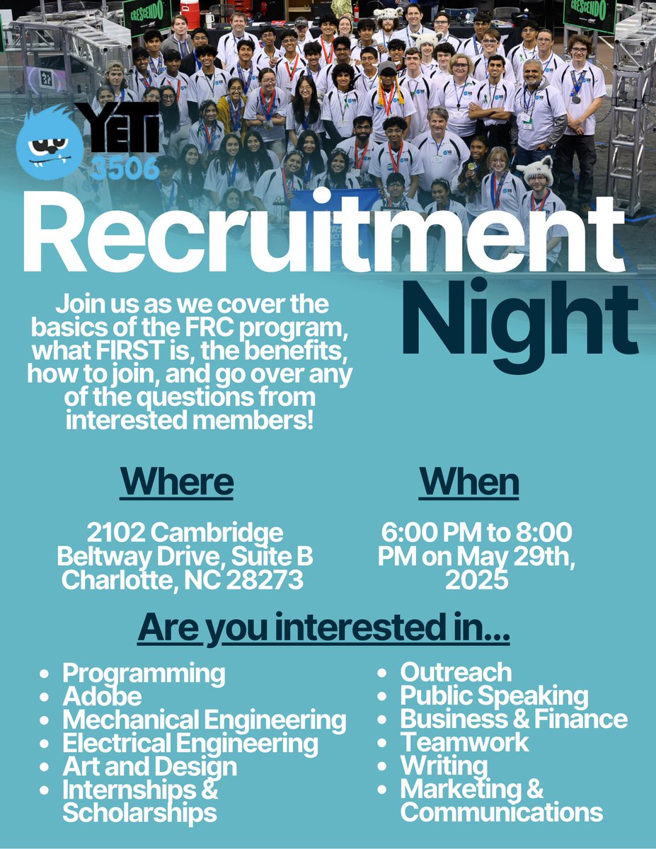 YETI Robotics 3506 (@yeti_robotics) on Twitter photo Our annual Recruitment Night is happening on May 29th! Please spread the word to your friends and family, and if you plan to attend, please email yetirobotics@gmail.com. Looking forward to seeing everyone there! Our annual Recruitment Night is happening on May 29th! Please spread the word to your friends and family, and if you plan to attend, please email yetirobotics@gmail.com. Looking forward to seeing everyone there!