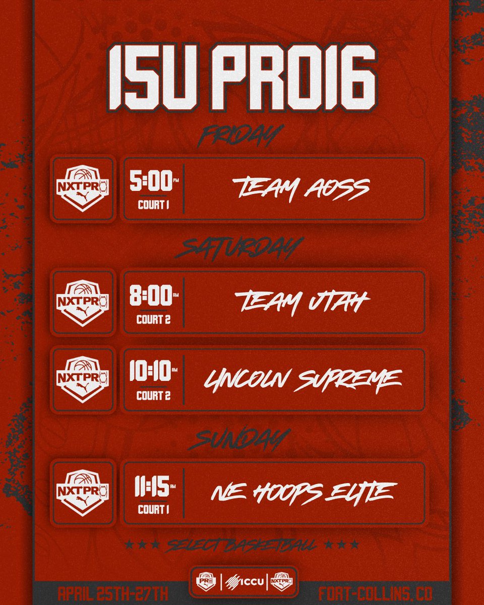 Select Basketball (MBB) (@selecthoopsusa) on Twitter photo This weekend we are headed to Fort Collins, Colorado for our first <a href="/PRO16League/">PRO16/NXTPRO League</a> event! Here are the schedules for our PRO16 Teams
PRO16 17U is off this weekend and back in action next weekend in Seal Beach This weekend we are headed to Fort Collins, Colorado for our first <a href="/PRO16League/">PRO16/NXTPRO League</a> event! Here are the schedules for our PRO16 Teams
PRO16 17U is off this weekend and back in action next weekend in Seal Beach