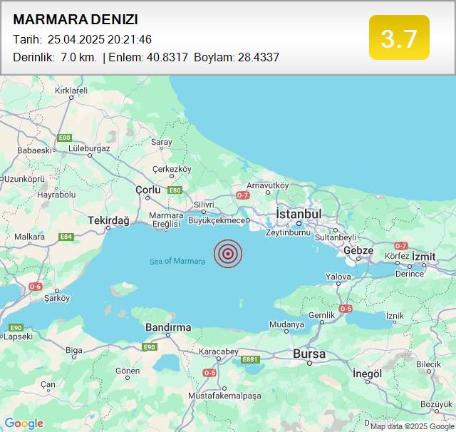 MARMARA DENIZI
Büyüklük: 3.7
Tarih:
 25.04.2025
Saat:
 20:21:46
Derinlik:
 7.0 km #deprem