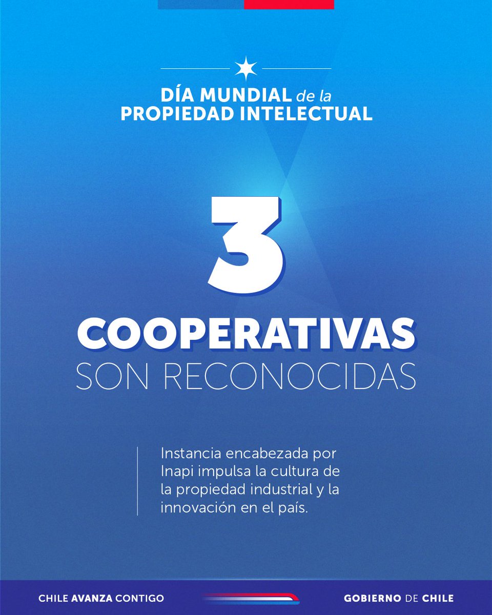 ¡Desliza para conocer a las cooperativas reconocidas! 👀

Este sábado se conmemora el Día Mundial de la Propiedad Intelectual, razón por la cual Inapi reconoció y destacó el compromiso de quienes han contribuido activamente en el ecosistema nacional de propiedad industrial.  🏆🏅