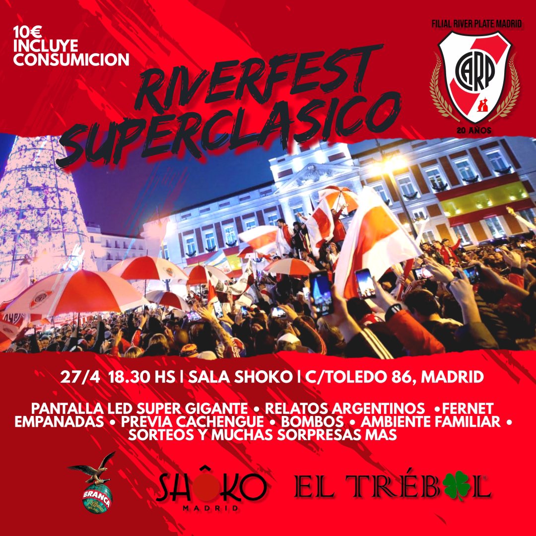 Este domingo pasamos el #superclasico en pantalla gigante en pleno centro de #Madrid. Previa a puro bombo, redoblante y banderas… y muchas sorpresas.
Shoko | 27/4 - 18.30hs | Calle Toledo 86, Madrid.
Los esperamos! #MadridEsDeRiver