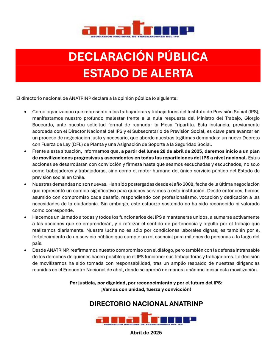 🔴🚨 DECLARACIÓN PÚBLICA 
            ANATRINP EN ESTADO DE  
            ALERTA
            MOVILIZACIÓN ASCENDENTE
            <a href="/MintrabChile/">Trabajo y Previsión Social</a> <a href="/IPSChile/">IPSChile</a> 
            <a href="/anefchile/">ANEF</a> <a href="/Cutchile/">CUT Chile ✍️🗳</a> 
            <a href="/GabrielBoric/">Gabriel Boric Font</a> <a href="/previsionsocial/">Subsecretaría de Previsión Social</a> 
            <a href="/Segpres/">Ministerio Secretaría General de la Presidencia</a>