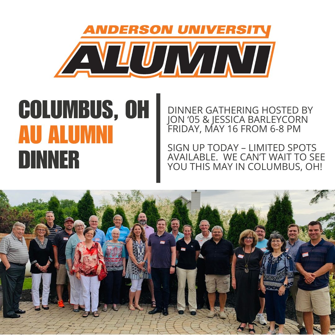 Check out the Alumni Facebook page for a special invitation to an alumni gathering near Columbus, OH!

Read more:
facebook.com/AndersonUAlumni