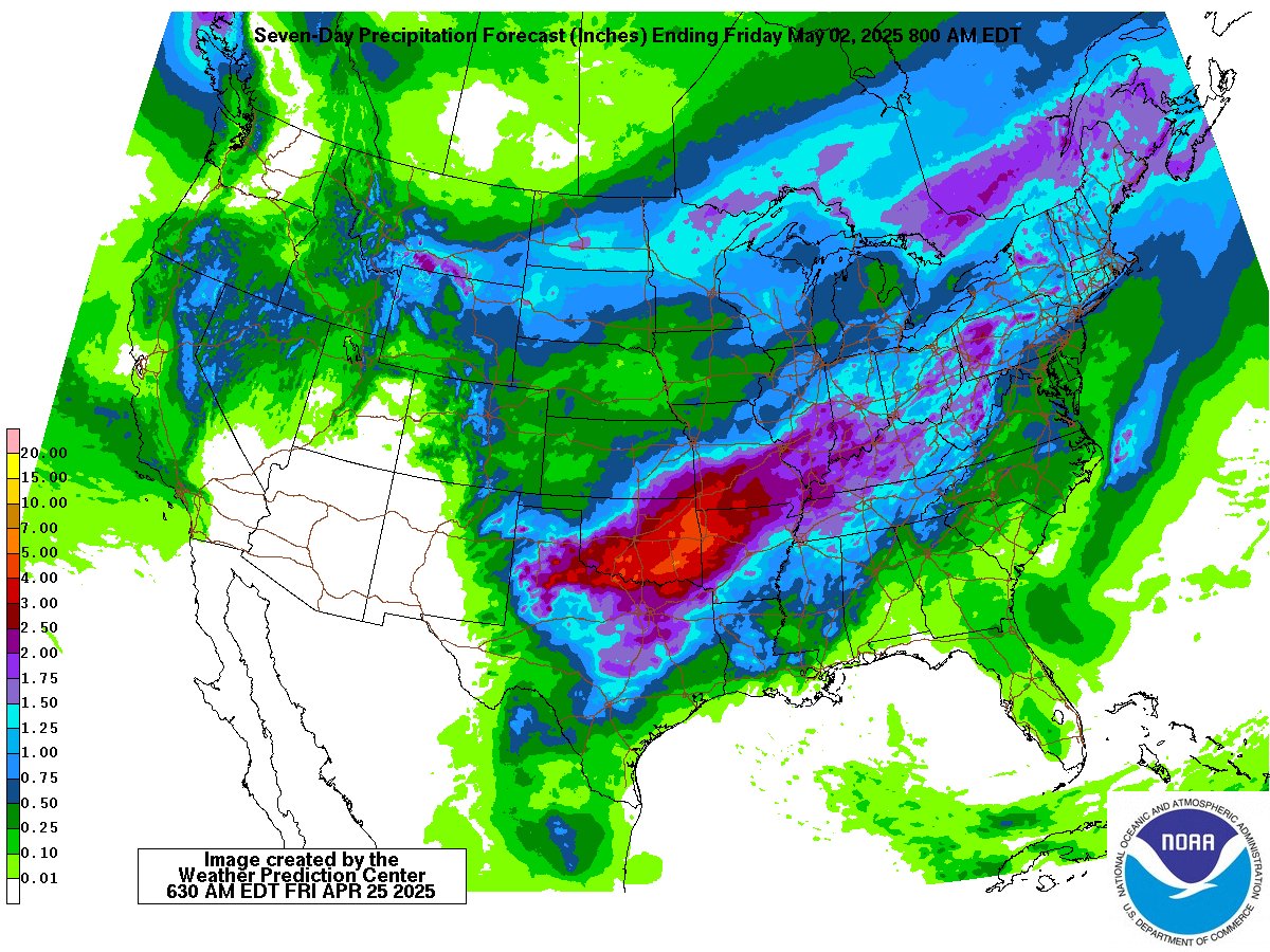 ⚠️ Fairly active weather is on tap across much of the U.S. through the end of next week. The most active weather will be confined to portions of the southern Plains to the Ohio Valley, where upwards of 2 to 5 inches of rain will be possible through next Friday morning. 🌧️