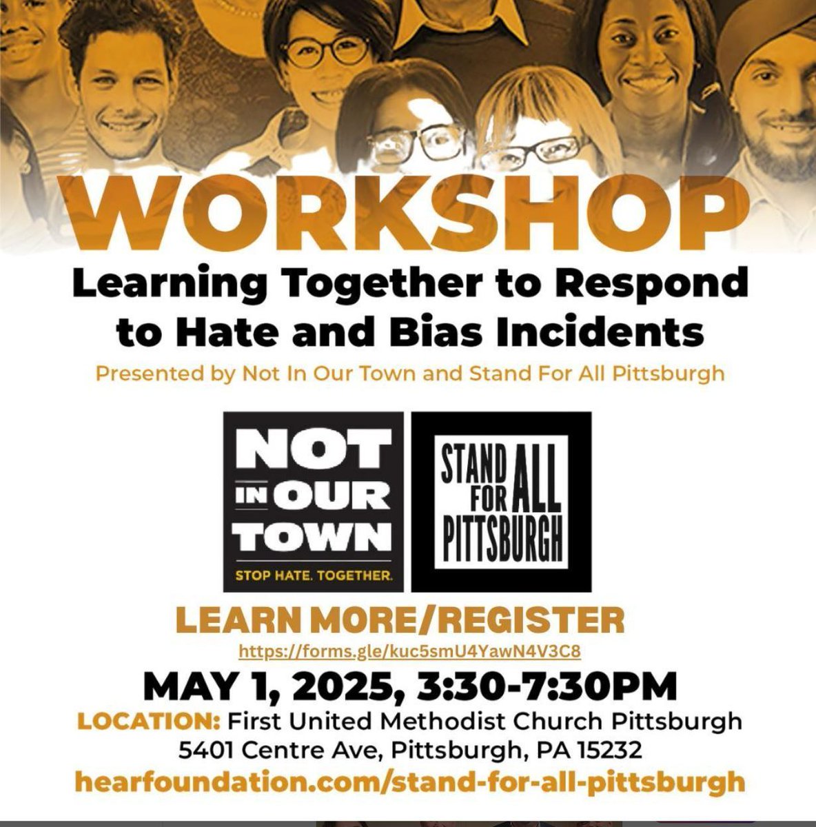 Join the 10.27HP and local leaders for a free Community Training Workshop hosted by Stand For All Pittsburgh &amp; Not In Our Town. Learn how to respond to hate, support one another, and build a stronger, united Pittsburgh. 
Register for free at: tinyurl.com/2vwxyk4n