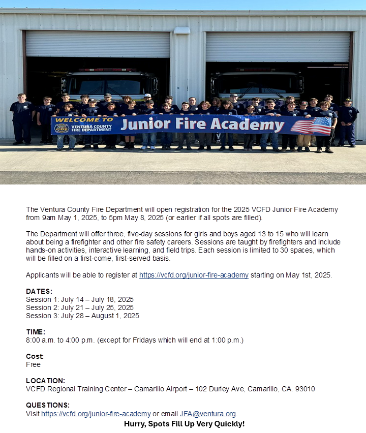 vcjaniceparvin's tweet image. 🚒🔥 Registration for the 2025 @VCFD Junior Fire Academy opens May 1!
Open to ages 13–15, this FREE 5-day program offers hands-on training, field trips &amp;amp; more.
Spots fill fast — don’t wait!
📅 Details: vcfd.org/junior-fire-ac…
#VCFD #JuniorFireAcademy #FutureFirefighters