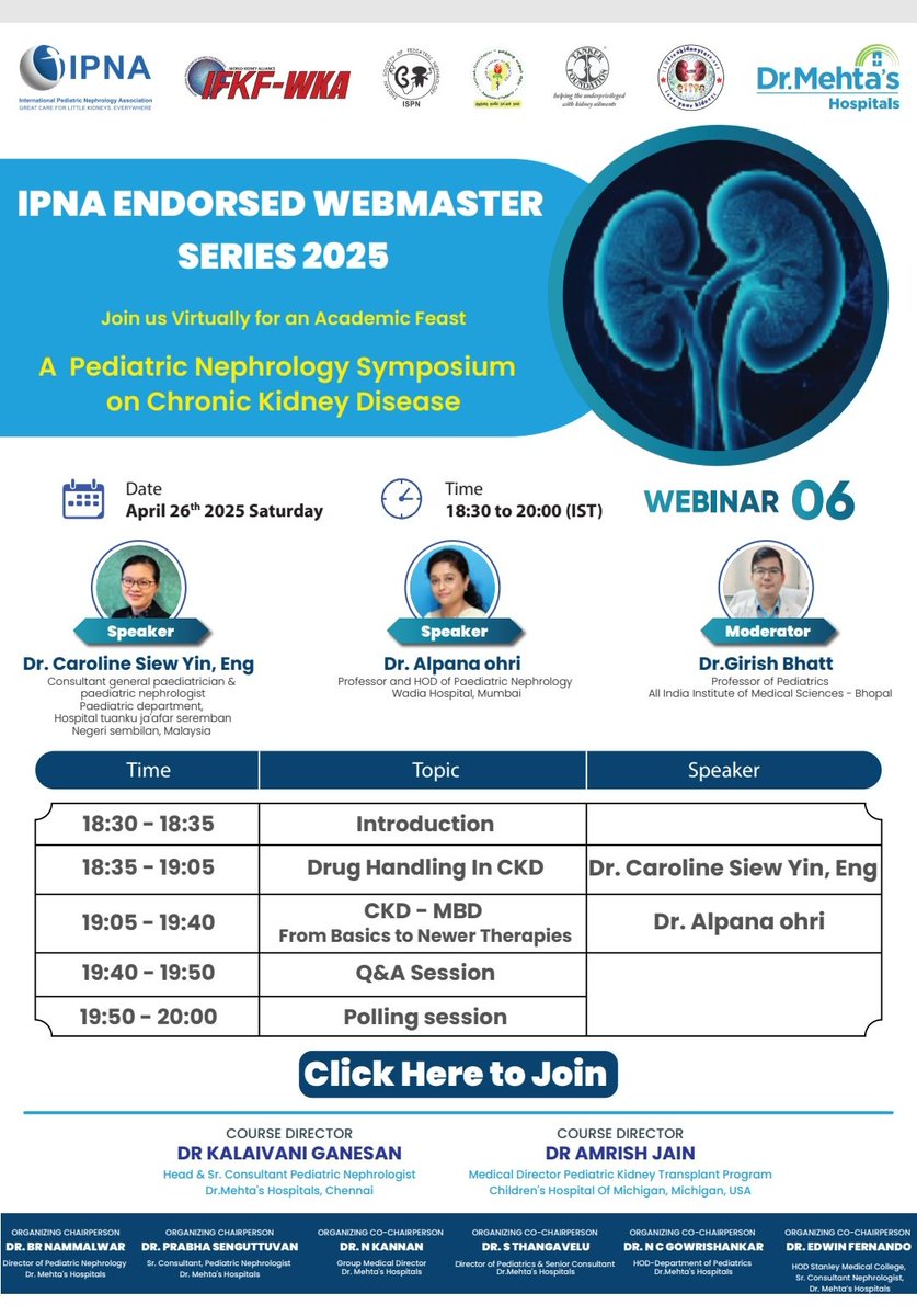 IPNA endorsed, Webinar 6 ,April 26th ,18:30-20:00 IST, Join us virtually for the academic feast. us06web.zoom.us/webinar/regist…
<a href="/IPNA_PedNeph/">IPNA Ped Nephrology</a> <a href="/Alanepe1/">Alanepe</a> <a href="/IptaPedsTx/">International Pediatric Transplant Association</a> <a href="/ASNKidney/">American Society of Nephrology</a> <a href="/ASPNeph/">American Society of Pediatric Nephrology</a> <a href="/ERAkidney/">ERA - European Renal Association</a> <a href="/ESPNSociety/">ESPN</a> <a href="/ISNkidneycare/">Int Society of Nephrology</a> <a href="/ASianPNA/">Asian Ped Neph Association</a>  <a href="/IspnSocial/">Indian Society of Pediatric Nephrology</a> <a href="/isn_india/">Indian Society of Nephrology</a> <a href="/womeninnephro/">Women In Nephrology</a> @NephTwitter