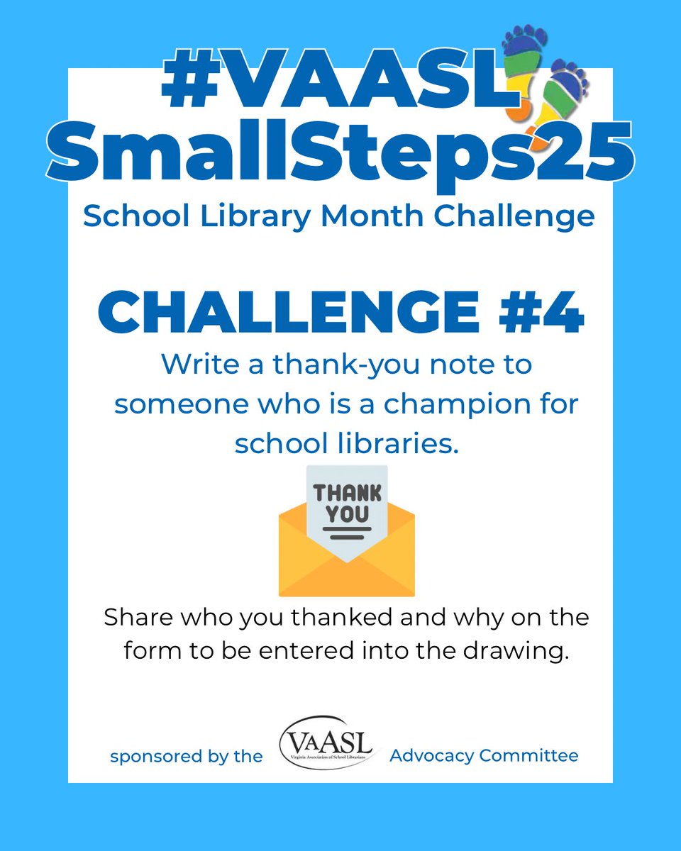 As School Library Month ends, thank someone who’s supported your librarian journey—a mentor, admin, or advocate. Use AASL templates for inspo &amp; share who you thanked on the #VAASL SmallSteps25 Form by May 4 for a chance to win a $25 Barnes &amp; Noble gift card!