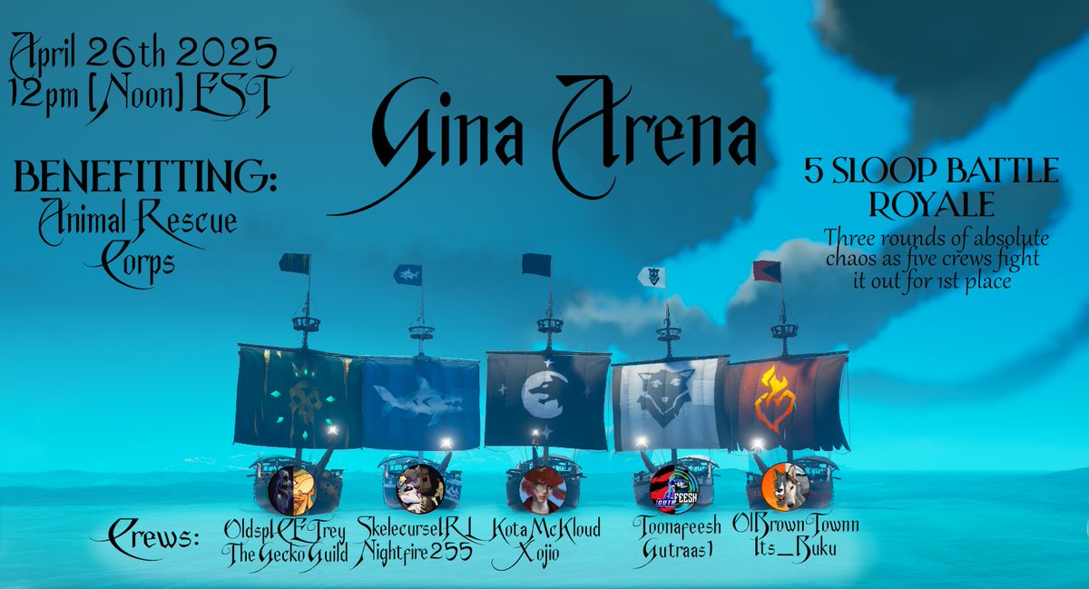 RegalRegina (@regairegina) on Twitter photo Friendly reminder! Less than 24 hours from now, we'll be raising funds for Animal Rescue Corps! <a href="/ARCorps/">Animal Rescue Corps</a> in a 5 ship battle royale on <a href="/SeaOfThieves/">Sea of Thieves</a>! Tune in for chaos, charity, and loads of giveaway prizes! twitch.tv/regalregina or any of the contestants' streams! Friendly reminder! Less than 24 hours from now, we'll be raising funds for Animal Rescue Corps! <a href="/ARCorps/">Animal Rescue Corps</a> in a 5 ship battle royale on <a href="/SeaOfThieves/">Sea of Thieves</a>! Tune in for chaos, charity, and loads of giveaway prizes! twitch.tv/regalregina or any of the contestants' streams!