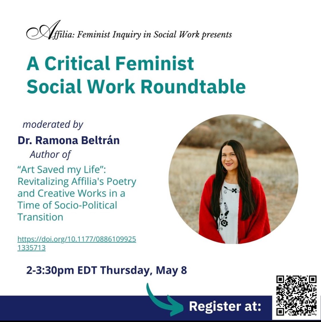 AffiliaJournal's tweet image. Join us for Affilia&apos;s upcoming webinar, “Putting the heart into art: Excavating arts-based research methods and critical feminisms in social work scholarship and practice, May 8th, 2-3:30 pm EDT. Register at bit.ly/AffiliaWebinar… 