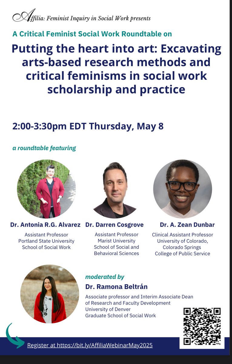 AffiliaJournal's tweet image. Join us for Affilia&apos;s upcoming webinar, “Putting the heart into art: Excavating arts-based research methods and critical feminisms in social work scholarship and practice, May 8th, 2-3:30 pm EDT. Register at bit.ly/AffiliaWebinar… 