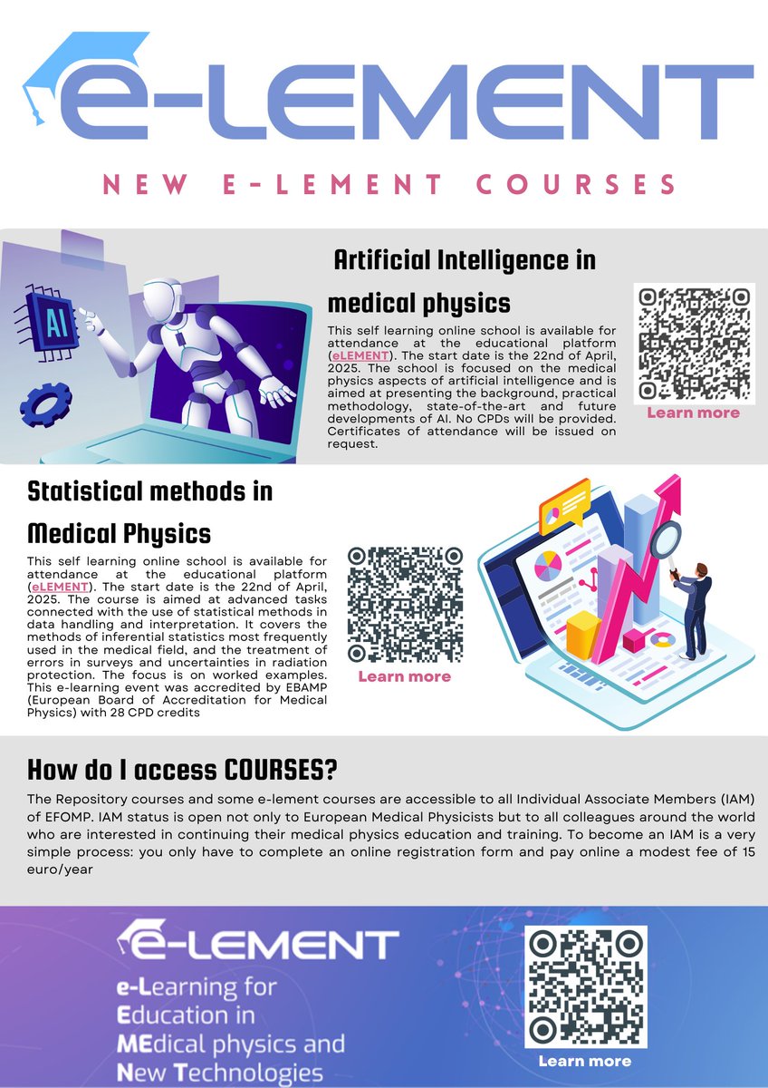 🎓 ESMPE open courses are now available on e-LEMENT educational platform (e-Learning for Education in Medical Physics and New Technologies)‼️
Discover self-paced e-learning upcoming courses and start learning today 👇
🔗 efomp.org/index.php?r=pa…
🔗 e-lement.efomp.org