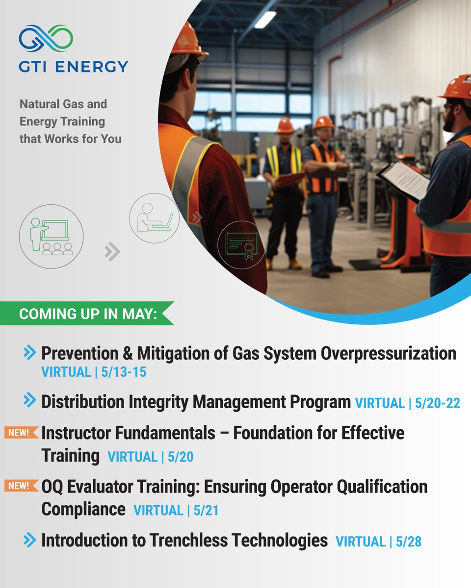GTIeducation's tweet image. Take your natural gas skills to the next level! Enroll in one of our virtual expert-led courses this May to gain hands-on knowledge in trenchless tech, OQ compliance, instructor training, the DIMP Rule, and more. Use promo code TAKE15_2025 for 15% off: linkedin.com/posts/gti-trai…