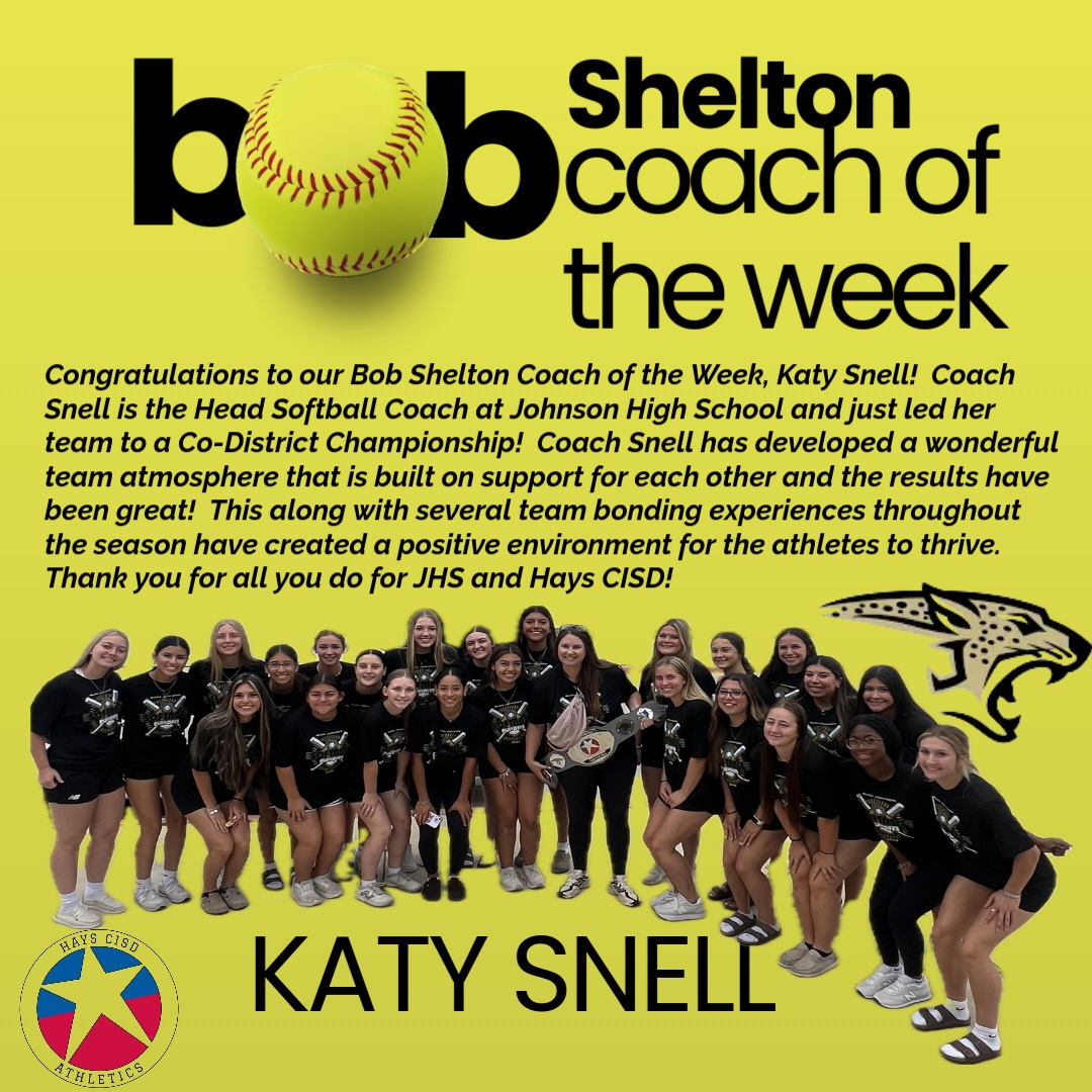 Dusty Gibbs (@dustygibbs18) on Twitter photo Congratulations to our <a href="/HaysCISD/">Hays CISD</a> Coach of the Week, Katy Snell! Good luck tonight in the playoffs <a href="/JohnsonJagsSB/">Johnson Softball🥎</a> ! <a href="/CoachLMoffett/">Lance Moffett</a> <a href="/CoachCarlin/">Sam Carlin</a> <a href="/Coach_Akina/">Ashley Akina</a> <a href="/JhsJags/">JHSJags</a> <a href="/JagsClub/">JAGS Athletic Booster Club</a> Congratulations to our <a href="/HaysCISD/">Hays CISD</a> Coach of the Week, Katy Snell! Good luck tonight in the playoffs <a href="/JohnsonJagsSB/">Johnson Softball🥎</a> ! <a href="/CoachLMoffett/">Lance Moffett</a> <a href="/CoachCarlin/">Sam Carlin</a> <a href="/Coach_Akina/">Ashley Akina</a> <a href="/JhsJags/">JHSJags</a> <a href="/JagsClub/">JAGS Athletic Booster Club</a>