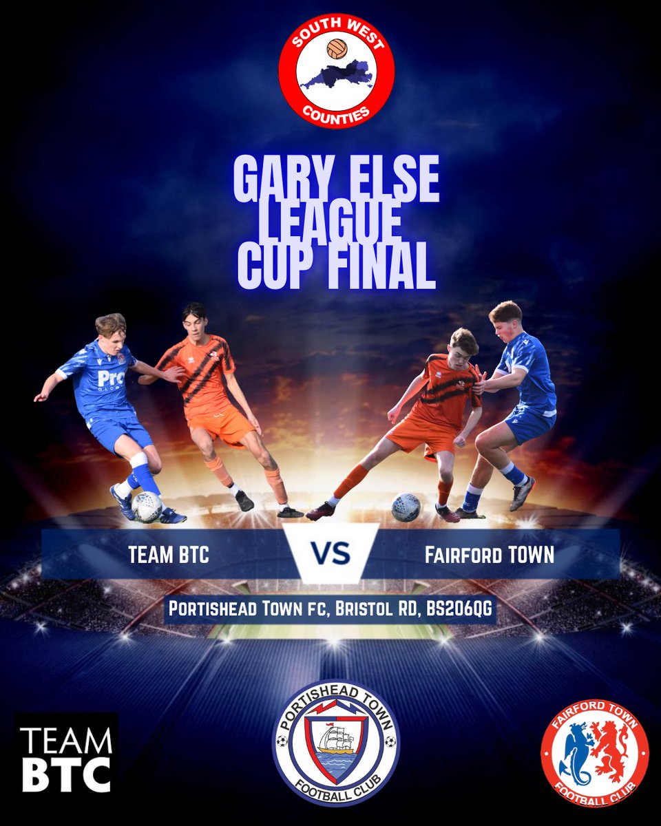 South West Counties Youth League (U18) (@swcyouthleague) on Twitter photo Next week 3rd May at recently crowned <a href="/_WesternLeague_/">Western League</a> champions ground <a href="/PortisheadTown/">Portishead Town FC</a>
<a href="/TeamBTC_Sports/">TEAM BTC</a> & <a href="/FairfordTownFC/">Fairford Town FC</a> meet in our Gary Else U18 League Cup Final 10.30am kick off <a href="/swsportsnews/">South West Sports News</a> <a href="/SportSomerset/">Somerset Sport</a> <a href="/SomersetFA/">Somerset FA</a> <a href="/GlosFA/">Gloucestershire FA ⚽</a> <a href="/BBCSpotlight/">BBC South West</a> Next week 3rd May at recently crowned <a href="/_WesternLeague_/">Western League</a> champions ground <a href="/PortisheadTown/">Portishead Town FC</a>
<a href="/TeamBTC_Sports/">TEAM BTC</a> & <a href="/FairfordTownFC/">Fairford Town FC</a> meet in our Gary Else U18 League Cup Final 10.30am kick off <a href="/swsportsnews/">South West Sports News</a> <a href="/SportSomerset/">Somerset Sport</a> <a href="/SomersetFA/">Somerset FA</a> <a href="/GlosFA/">Gloucestershire FA ⚽</a> <a href="/BBCSpotlight/">BBC South West</a>