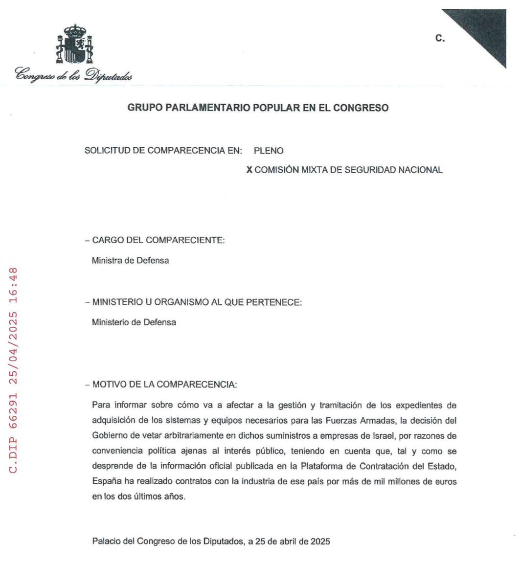 🔴Además de la comparecencia de Marlaska que ya hemos anunciado, solicitamos también la comparecencia de Félix Bolaños y Margarita Robles para que rindan cuentas de la decisión del Gobierno de rescindir el contrato con Israel para la compra de munición.

Aquí todos los detalles👇🏼