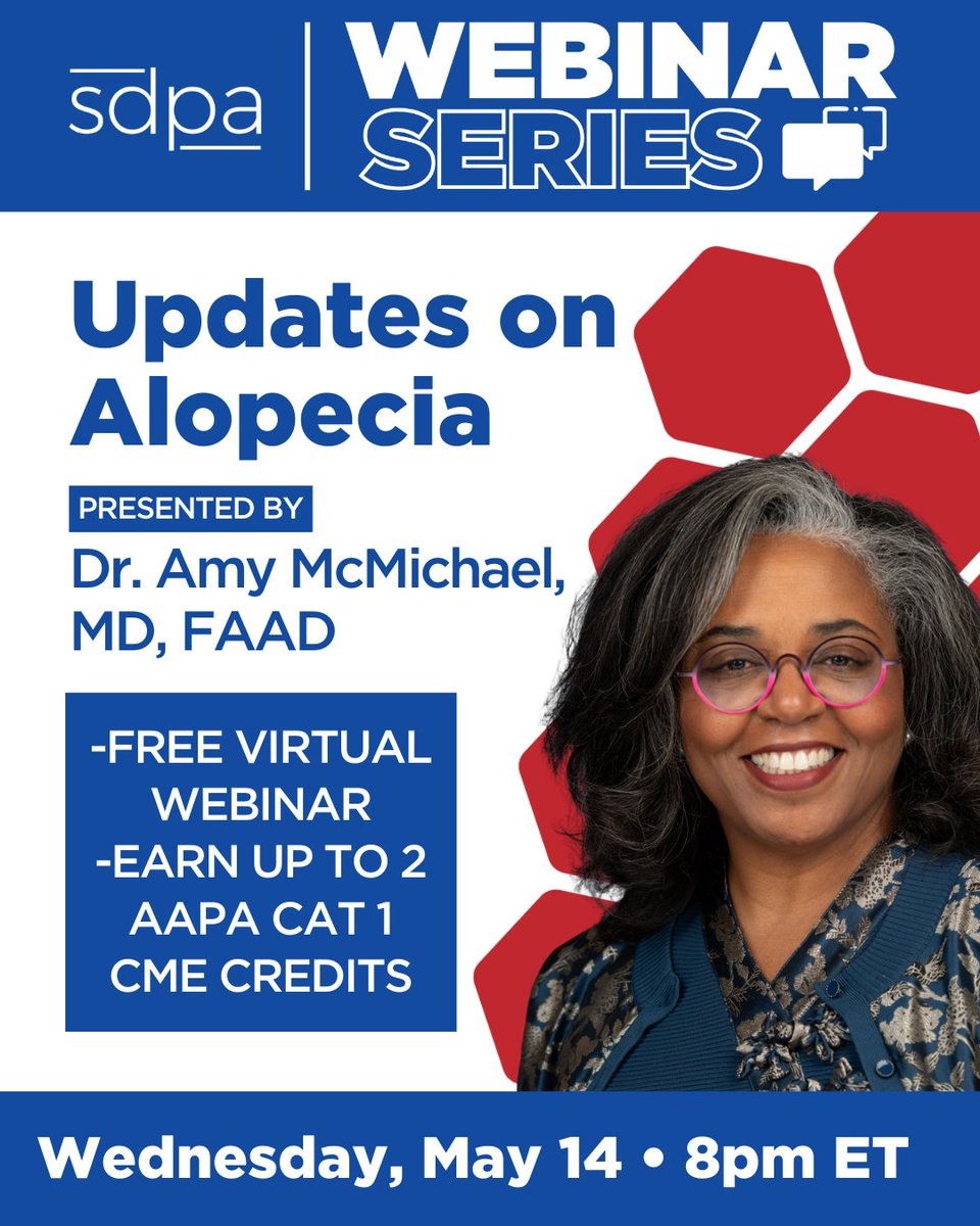 Join us for the FREE webinar "Updates on Alopecia" on May 14, 2025 at 8PM ET!

📍 FREE to attend
📅 May 14 | 🕗 8PM ET

Register now and stay ahead of the curve! 

learning.dermpa.org/products/sdpa-…
#SDPAWebinar #DermPA #AlopeciaUpdates #HairLossTreatment #Trichoscopy #DermatologyEducation