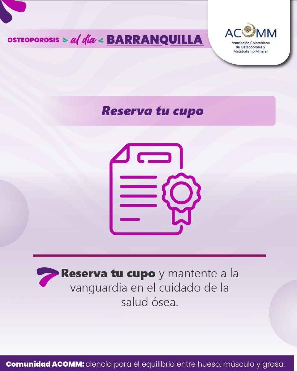 Ya tenemos todo listo para nuestra próxima sesión de Osteoporosis al día en Barranquilla. ¿Ya te inscribiste? 
¡Es muy fácil! Entra ya mismo a acortar.link/opaldiaquilla y asegura tu cupo gratuitamente.
Comunidad ACOMM: ciencia para el equilibrio entre hueso, músculo y grasa.
#ACOMM
