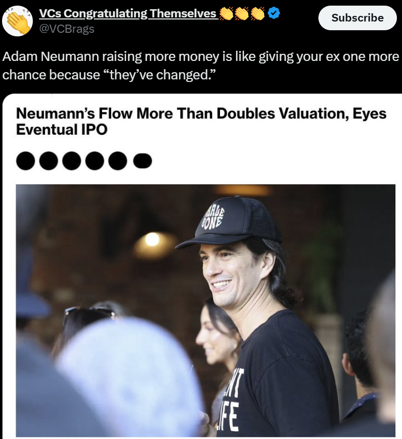 ParrotCapital's tweet image. Adam Neumann definitely puts the the &quot;shameless&quot; in &quot;shameless grifter&quot;. His #FlowCarbon / $CELO nonsense is just another #SlugsOfa16z horror story.

h/t: @VCBrags