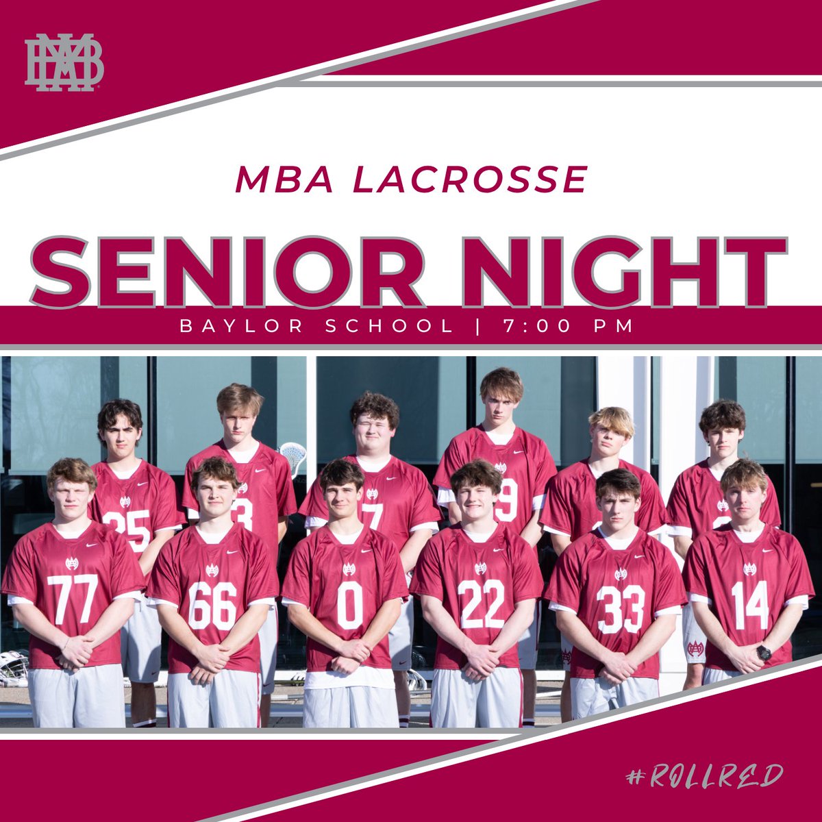 Excited to honor the seniors of TWO TEAMS tonight!

⚾️ MBA vs. Brentwood Academy (4:30)
🥍 MBA vs. Baylor (7:00)

#RollRed
