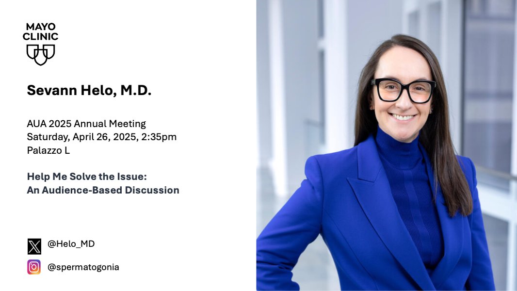 Mayo Clinic Urology (@mayourology) on Twitter photo Don't miss out this Saturday at #AUA25! Join <a href="/Helo_MD/">Sevann Helo</a> as she presents "Help Me Solve the Issue: An Audience-Based Discussion".
April 26, 2:30pm at Palazzo L
<a href="/AmerUrological/">Amer. Urol. Assn.</a> Don't miss out this Saturday at #AUA25! Join <a href="/Helo_MD/">Sevann Helo</a> as she presents "Help Me Solve the Issue: An Audience-Based Discussion".
April 26, 2:30pm at Palazzo L
<a href="/AmerUrological/">Amer. Urol. Assn.</a>