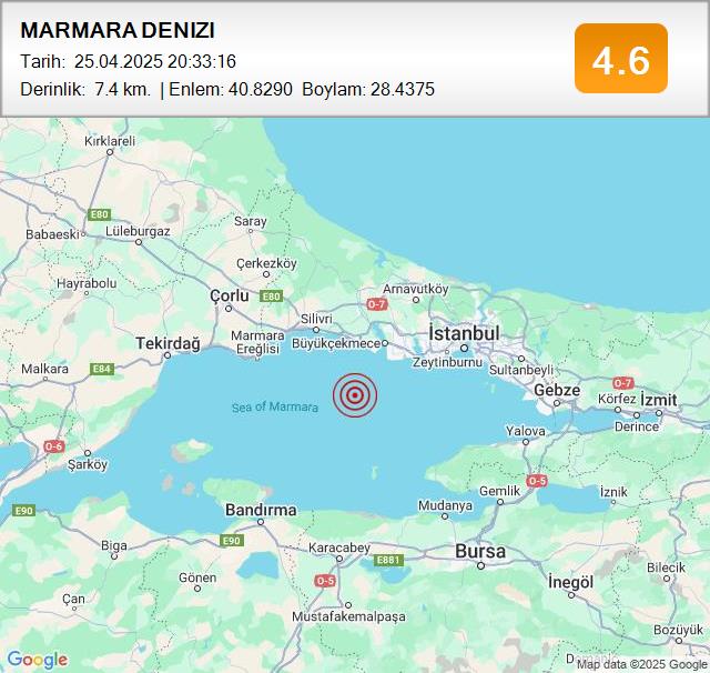 MARMARA DENIZI
Büyüklük: 4.6
Tarih:
 25.04.2025
Saat:
 20:33:16
Derinlik:
 7.4 km #deprem