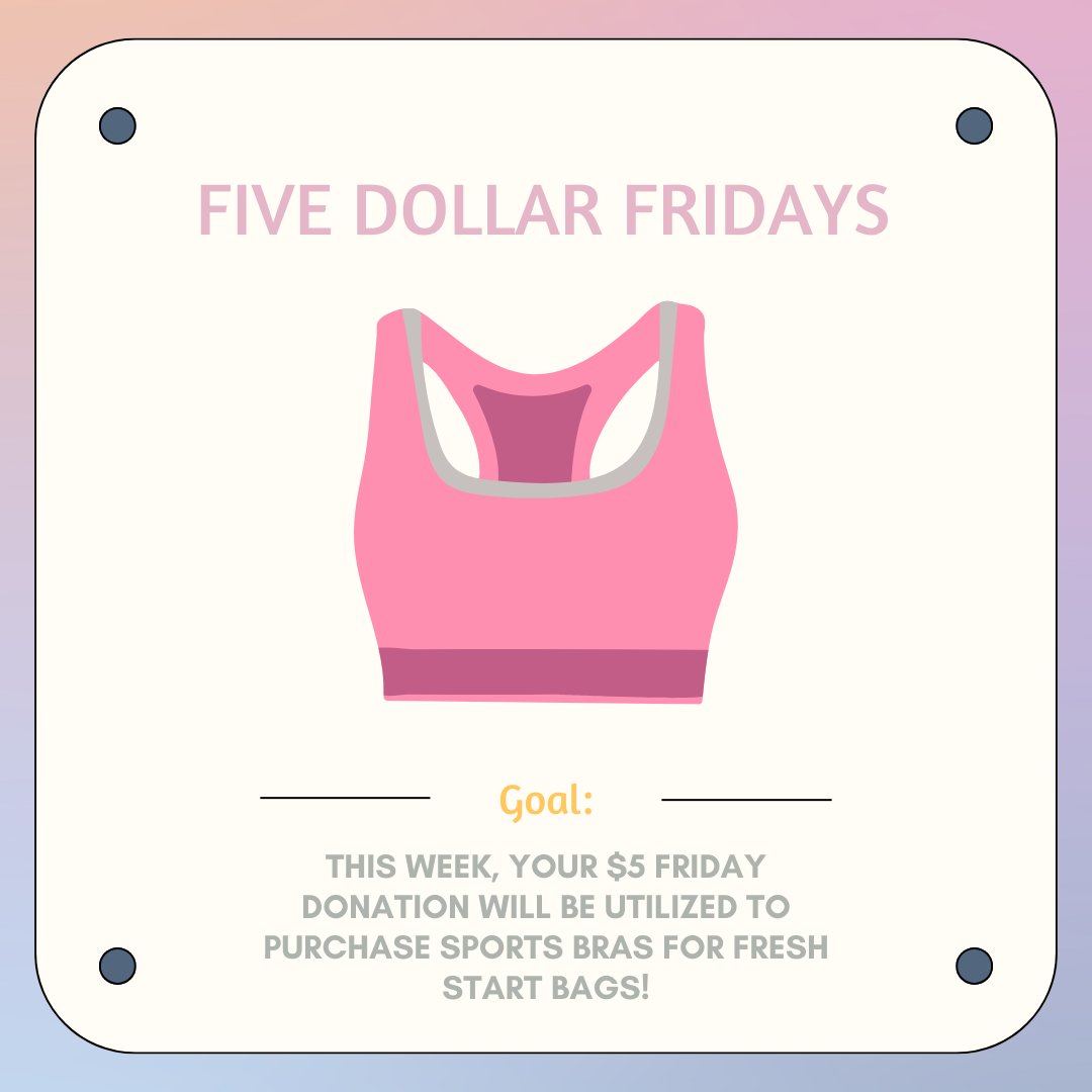 Happy Friday, friends! 🎉 This week, your $5 Friday donation will help us purchase sports bras for our Fresh Start Bags! Donate here: pulse.ly/jnlpsj3ddx

Thank you for making a difference!