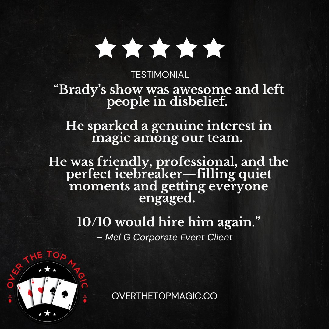 “Disbelief. Icebreaker. Everyone engaged.”
Mel said it best—this is what the right entertainment does.
#TeamEngagement #ClientPraise #OverTheTopMagic
